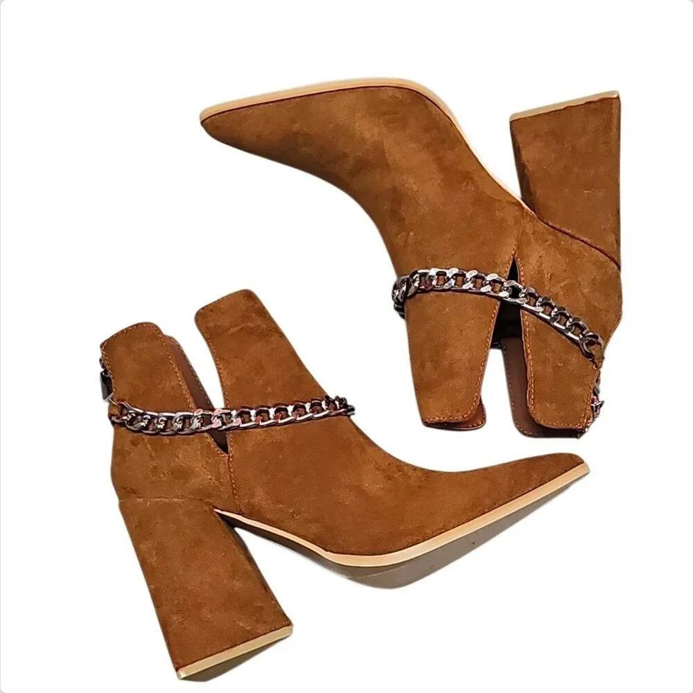 Tan Faux Suede Pointed Toe Ankle Boots With Silver Chain Detail & Block Heel
